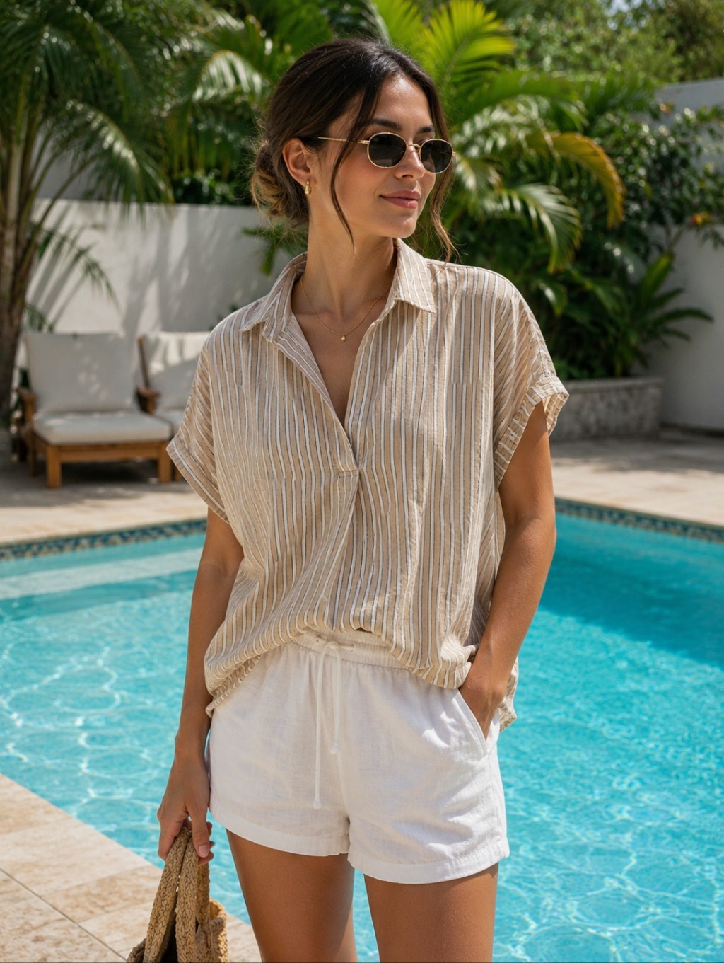 Tracy Evans Beige & White Vertical Stripe Top